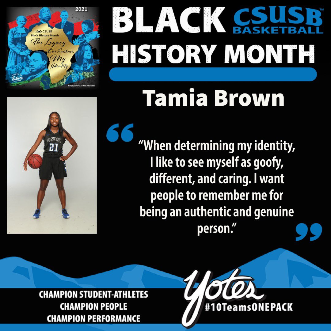 CSUSBWBB's tweet photo. Sophomore guard, Tamia Brown shares how vital her authenticity is to determining identity. π€π
#blackhistorymonth
#10TEAMSONEPACK
#CSUSBBHM
#ChampionPeople
#ChampionStudentAthletes https://t.co/fw0vhGHokx