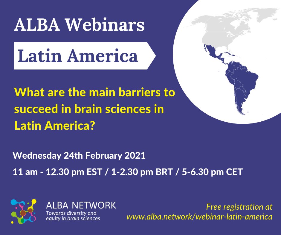 FENSorg's tweet photo. It's tomorrow: first #ALBAWebinar on #Diversity issues in Latin America! 

"What are the main barriers to succeed in brain sciences in Latin America?"

Free event but please register: https://t.co/RIdoYusWZn
@network_alba https://t.co/wkTUv6Vot5