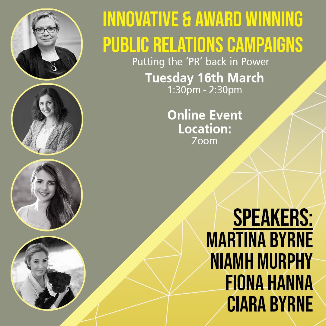 MTU Cork PR is happy to announce our first Webinar and line-up of guest speakers. The webinar will be held on the 16th of March at 1.30pm to 2.30pm, it will take place over Zoom, so there’s no limit on availability. More information to follow about the guest speakers👀