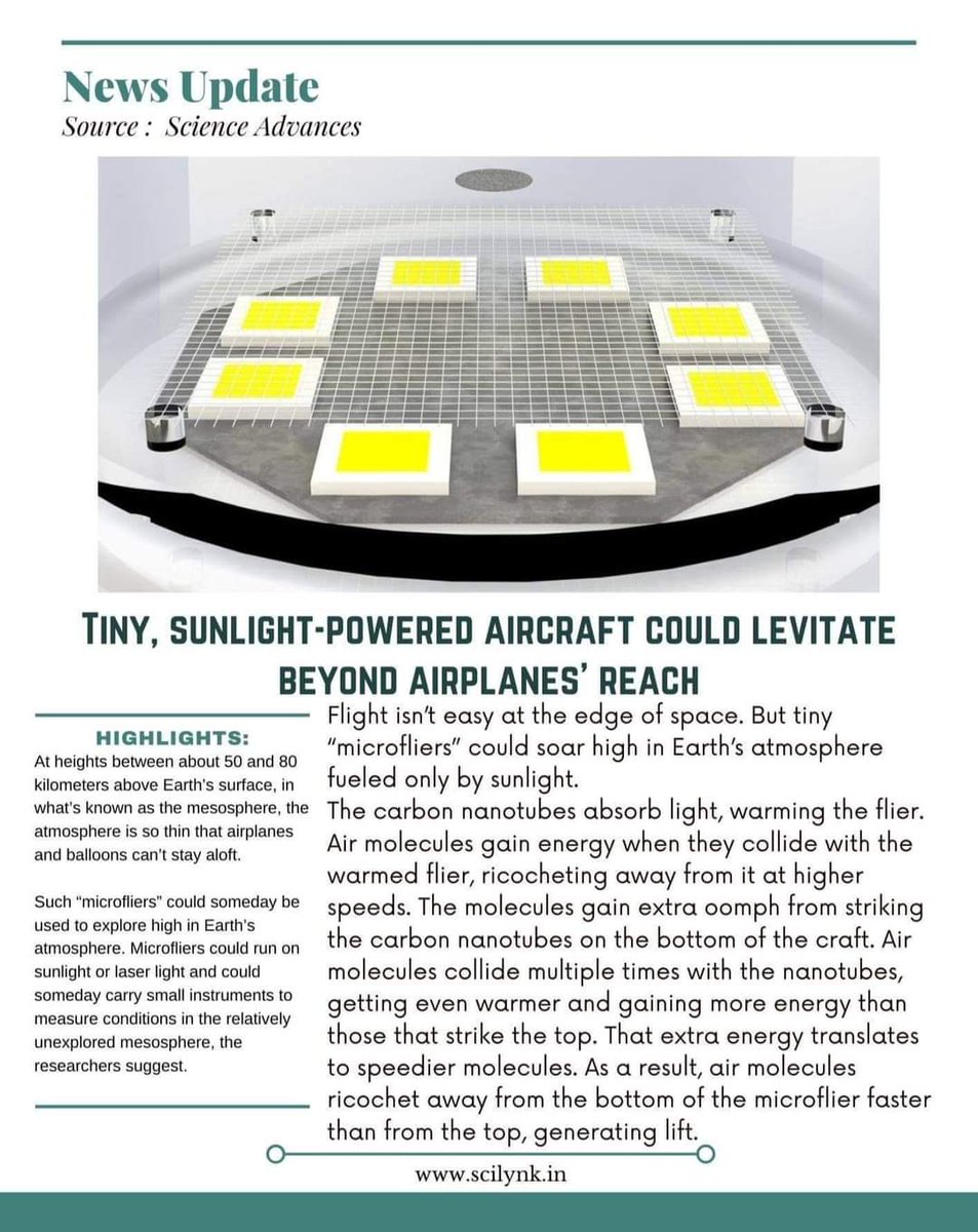 SciLynk's tweet image. Tiny microfliers could soar high in Earth’s mesosphere where airplanes &amp;amp; balloons can’t stay aloft.

#SciLynk
#curiously_exploring_science
#science #news #space #UPDATE #physics #tech #technology #technologynews #techno #engineering #engineer #SOLAR #light #science_for_all #Earth