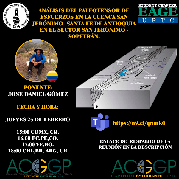 Steno_Eafit's tweet photo. Cordialmente invitados este jueves 25 de febrero, 16:00 Bogotá a la charla:

"Análisis del paleotensor de esfuerzos en la cuenca San Jerónimo- Santa fe de Antioquia en el sector San Jerónimo - Sopetrán a cargo de José Daniel Gómez-Geólogo "

Enlace: https://t.co/stZYSgZrQb https://t.co/jRANJLbzj8