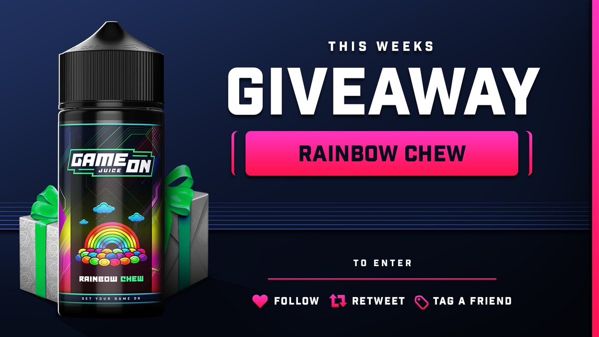 GAMEONJUICE's tweet photo. 🚨#GIVEAWAY TIME🚨

WE'RE GIVING AWAY ANOTHER SHORTFILL FLAVOUR!

This week is Rainbow Chew! 🌈
Ends on March 2nd! 🗓️

Wanna know how to enter? 

1. 𝑭𝑶𝑳𝑳𝑶𝑾 @GAMEONJUICE 💦🧃
2. 𝑹𝑬𝑻𝑾𝑬𝑬𝑻 this tweet! 👀
3. 𝑻𝑨𝑮 a friend! ❤️ https://t.co/FPnvv1HNCA