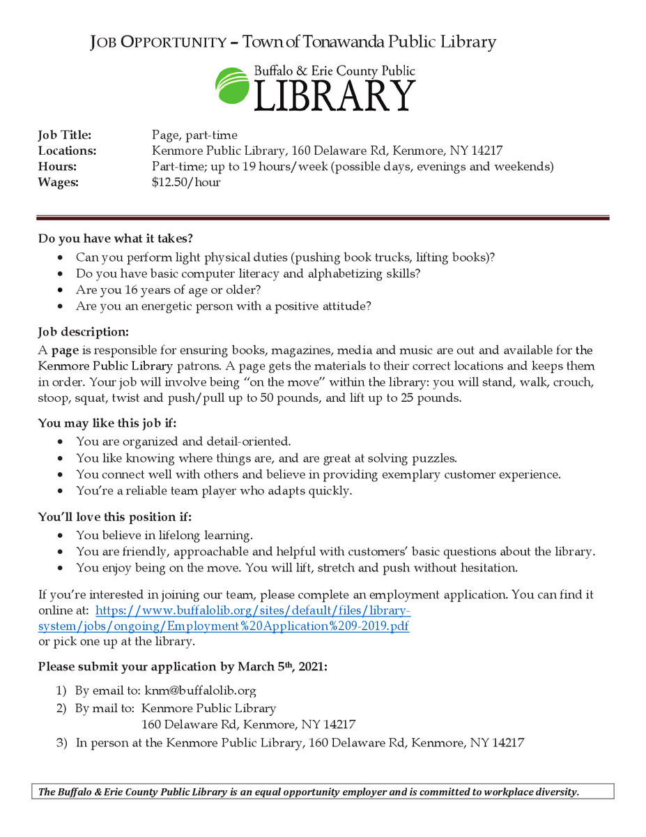 BECPLKenmore's tweet photo. The Kenmore Library currently has a job opening for a part time page position.  Full details and how to apply in the link https://t.co/IFGjB8YQPY https://t.co/GQ9NDyBtn1