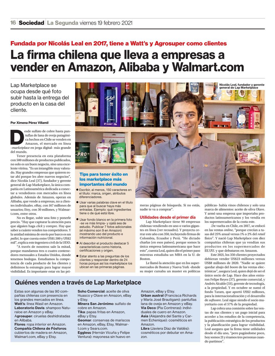 ingenieriaUDD_'s tweet photo. El Diario La Segunda destacó a nuestro alumno egresado Nicolás Leal @nleals, quien es fundador y gerente general de Lap #marketplace, la única compañía en #Latinoamerica dedicada a conectar a #vendedores con mercados en línea #globales https://t.co/vTjn1kPl6Q