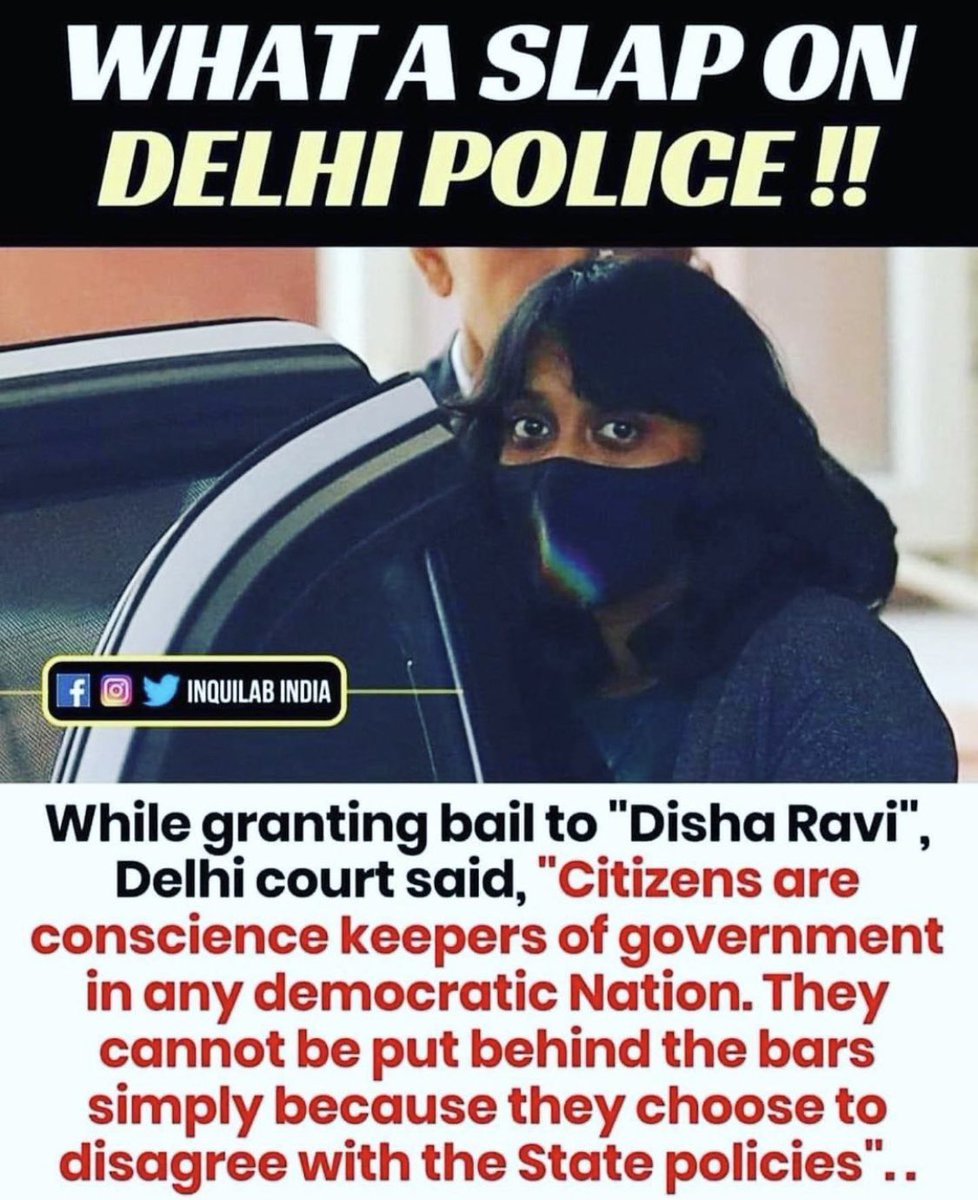 Punjab2000music's tweet photo. While granting bail to #DishaRavi Delhi Court said  “Citizens are conscience keepers of government in any democratic Nation. They cannot be put behind bars simply because they choose to disagree with state policies” #ToolKit #GretaThunberg #FarmersProtest https://t.co/cqxDnxlygK