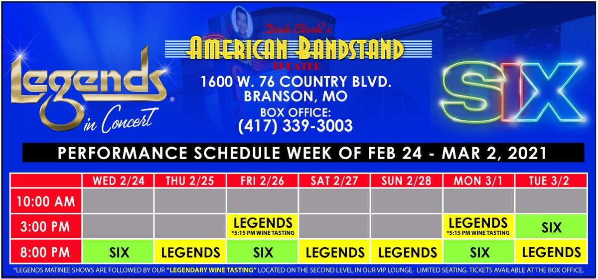 LegendsBranson's tweet photo. This week's calendar of 🎶, 😁, 👏, and 🍷!
#legendsinconcert #bransonmissouri #bransonmo #SIXshow https://t.co/N24PUcUBqn