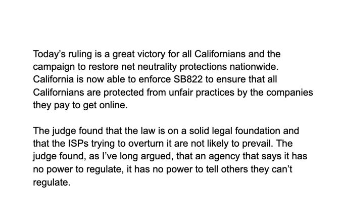 vanschewick's tweet photo. BREAKING: California court rejects broadband providers' petition to continue to prevent state of California from enforcing its #netneutrality law. That means California can start enforcing its net neutrality law. 

Here's my statement: https://t.co/zz37AYFqlE