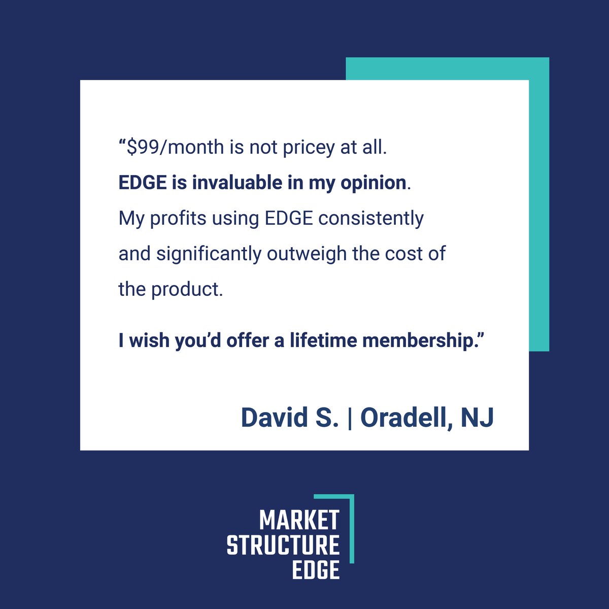 EdgeStructure's tweet image. We&apos;ve always known EDGE is extremely valuable. And now our customers think so too! Hear what David S., a current customer, has to say. 

#Marketstructureedge #EDGE #stock #stocks #trading #customer #testimonial