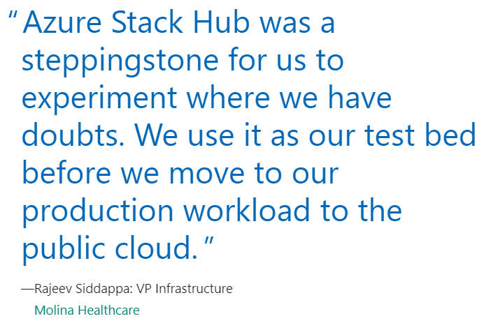#CaseStudy: By using #AzureStackHub, <a href="/molinahealth/">Molina Healthcare</a> can test apps that might encounter issues during migration by running them on-premises first &amp; monitoring how they perform. When  stable, the team migrates the prod workloads to the #Azure public cloud
customers.microsoft.com/en-us/story/13…