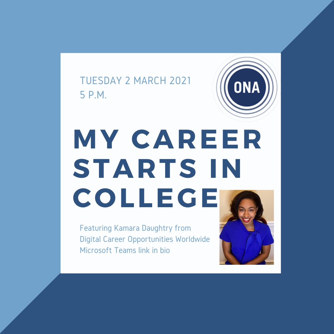 Join us on Tuesday, March 2 at 5 p.m. (note the time change for this one meeting) for a social media and personal branding workshop with Kamara Daughtry from Digital Career Opportunities Worldwide! The link can be found in our bio. See you there! 📰