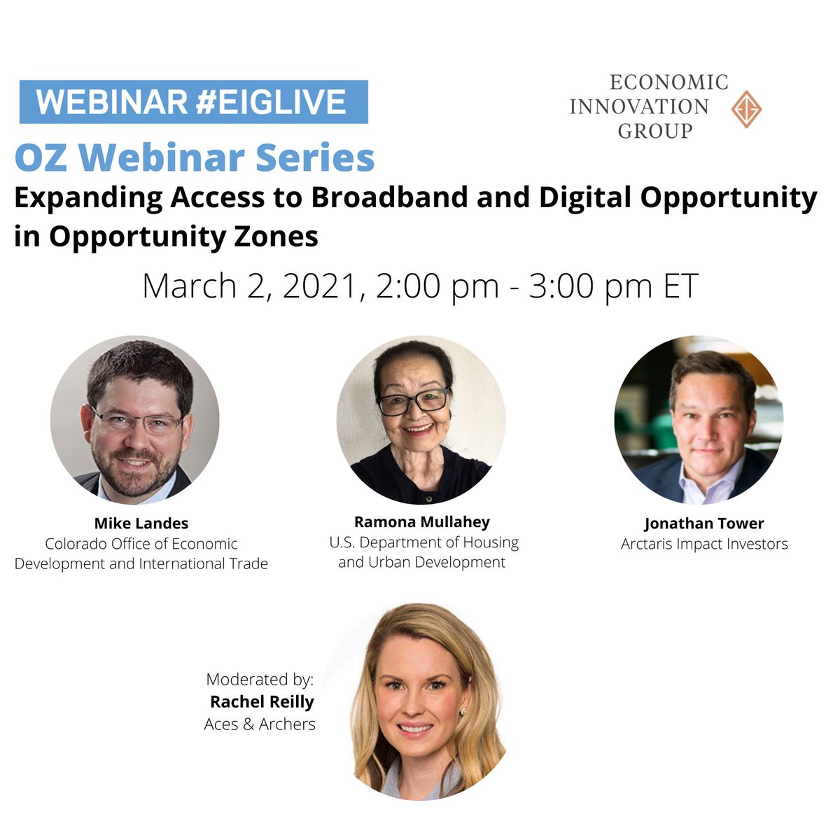 InnovateEconomy's tweet photo. Join us on 3/2 @ 2pm ET to discuss expanding access to broadband &amp; digital opportunity in #OpportunityZones w/ @Mike_Landes @ColoradoEcoDevo, Ramona Mullahey @HUDgov, Jonathan Tower from Arctaris Impact Investors, &amp; @Rachel__Reilly Aces &amp; Archers. Sign-up: https://t.co/DTf5wUzdbk https://t.co/AfvCLbbXRH