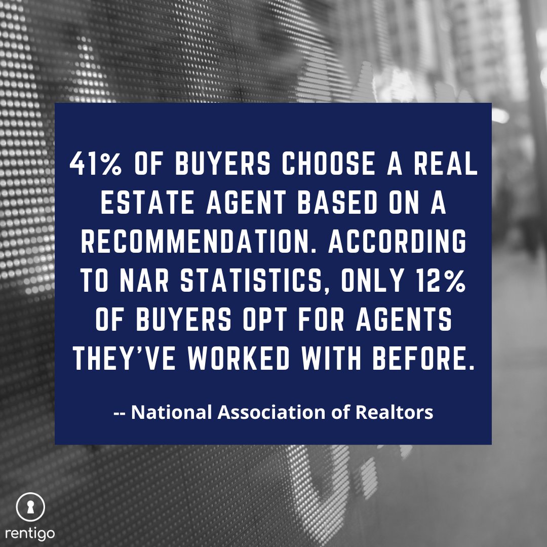 RentigoApp's tweet photo. "41% of buyers choose a real estate agent based on a recommendation. According to NAR statistics, only 12% of buyers opt for agents they’ve worked with before."
-- National Association of Realtors
Read more about it: https://t.co/3JBpzvWuDo
-
-
-
-
#buyers #realestateagents  #NAR https://t.co/wiGoFbO91J