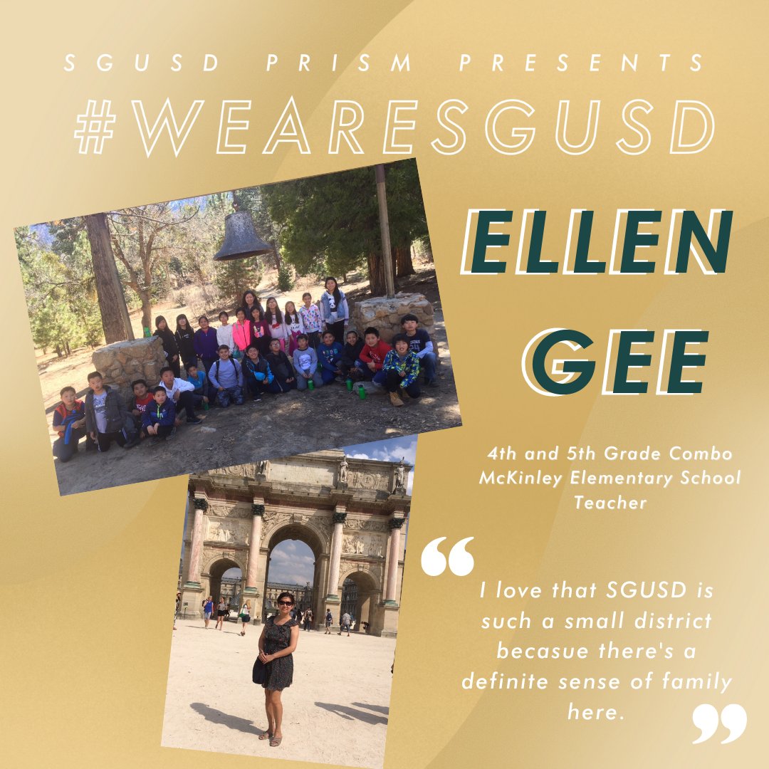 SanGabrielUSD's tweet photo. We're back wtih another #WeAreSGUSD campaign post! Todays post features Mrs. Gee, a 4th & 5th grade teacher at McKinley Elementary School! If you've had Mrs. Gee as a teacher, what is something you enjoyed about her class?
#teacher #SGUSD #SanGabrielExperience #ComboClass https://t.co/byQx78KqzW