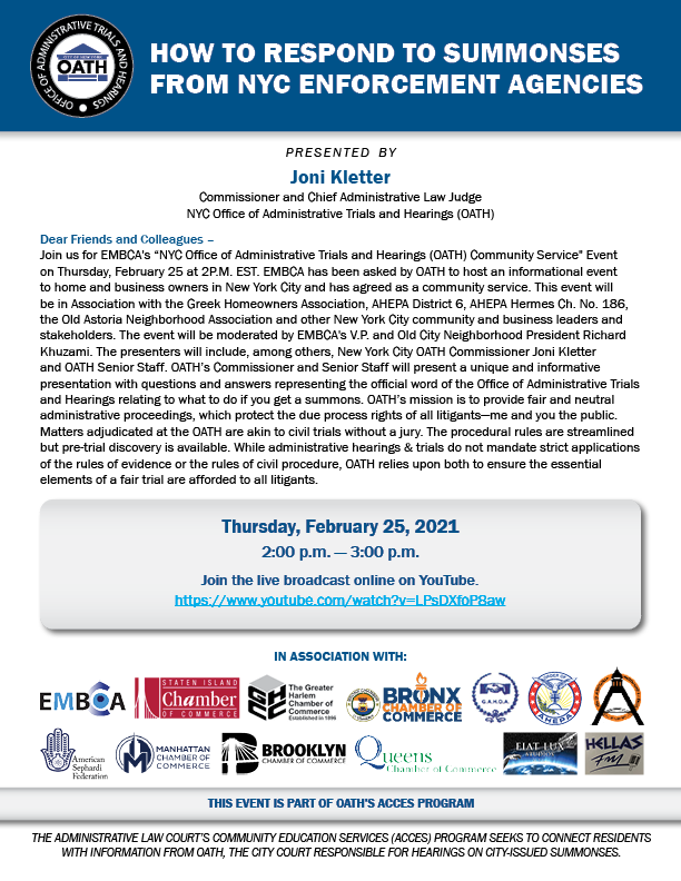oathnyc's tweet photo. This Thursday 2/25, OATH and the Eastern Mediterranean Business Culture Alliance will host an online informational event to discuss how to respond to a city-issued summons during the COVID-19 emergency. Join on Thursday at 2pm at https://t.co/QWcfoAyXRx. https://t.co/bhx4DKnEEK