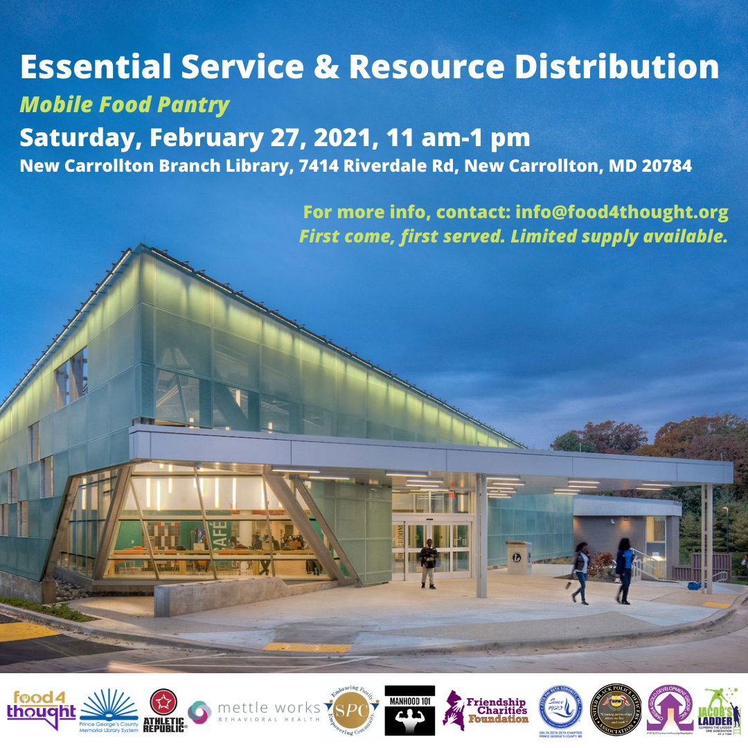 Free food box distribution at the New Carrollton Library this Saturday, February 27, 2021, 11 am – 1 pm.
