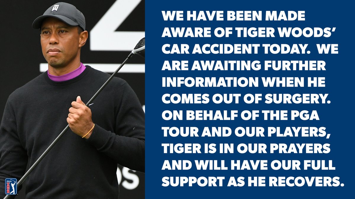 Statement from the PGA TOUR on Tiger Woods. 

Woods was involved in a single-car accident this morning in California and suffered multiple leg injuries.