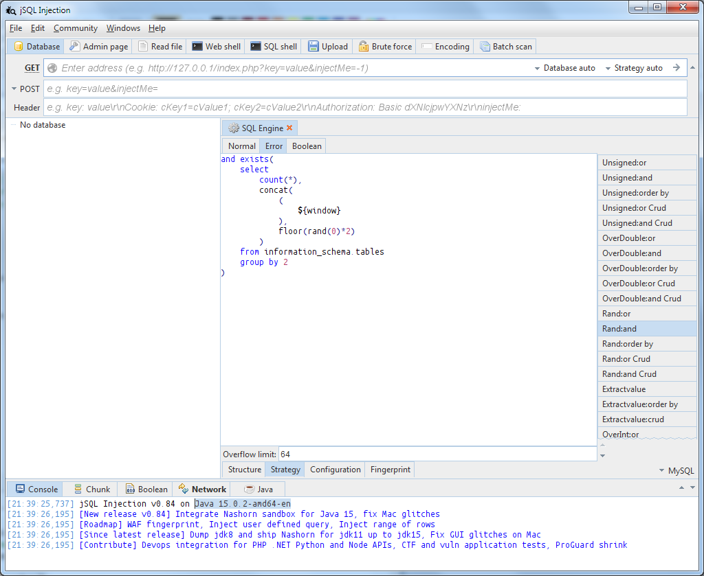 ron190jsql's tweet photo. New release: jSQL Injection v0.84
- Script sandbox for Tamper and SQL works now with Java 15
- Restore Scan results
- Fix display for UTF-8 languages on Mac
- Fix various GUI discrepancies on Mac
#infosec https://t.co/7VlBVfuUXp