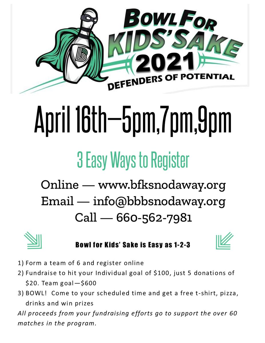 What are you waiting for???? Bowl for Kids Sake is in less than 2 months! Get your team formed today and register at bfksnodaway.org
7pm session fills fast so don't wait if you want in that session!