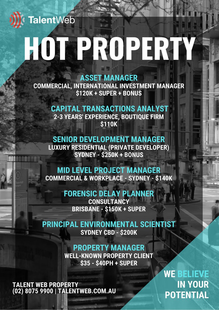 talentwebsydney's tweet photo. This weeks HOT PROPERTY coming at you from our Talent Web Property team! Head over to our website for more details, or to apply for any of these roles: https://t.co/SqxK9nmBJa

#WeBelieve #Talent #Hiring #HotProperty https://t.co/lTv41vgCZa