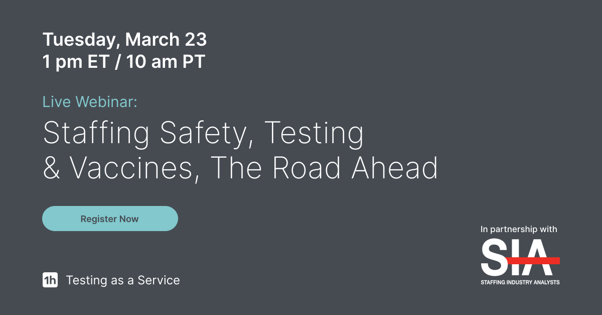 1healthio's tweet image. Join #1health &amp;amp; Staffing Industry Analysts (SIA) for a webinar on Mar. 23 that examines staffing safety, #COVID19testing, vaccines &amp;amp; steps companies should take to keep teams safe.

Attendees will leave with recommendations &amp;amp; best practices.

REGISTER: lnkd.in/d2aCEET