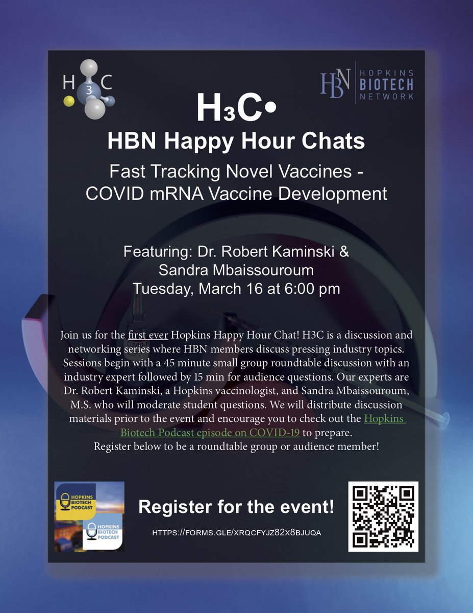 HopkinsBiotech's tweet photo. HBN Happy Hour Chats-Fast Tracking Novel Vaccines -COVID mRNA Vaccine Development - https://t.co/mP0wCnnwWA https://t.co/FwN9FM22yJ