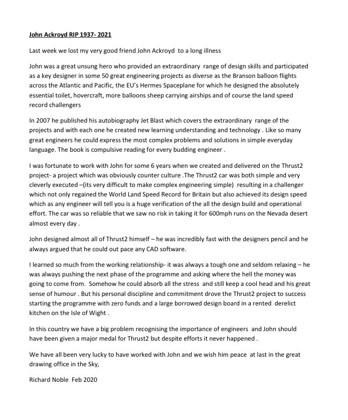Richard Noble (@richardnoblessc) on Twitter photo This month we lost my very good friend John Ackroyd to a long illness & I penned the attached. There is also a most fitting tribute <a href="/thetimes/">The Times and The Sunday Times</a> - Wishing him peace at last in the great drawing office in the Sky
thetimes.co.uk/article/john-a… This month we lost my very good friend John Ackroyd to a long illness & I penned the attached. There is also a most fitting tribute <a href="/thetimes/">The Times and The Sunday Times</a> - Wishing him peace at last in the great drawing office in the Sky
thetimes.co.uk/article/john-a…