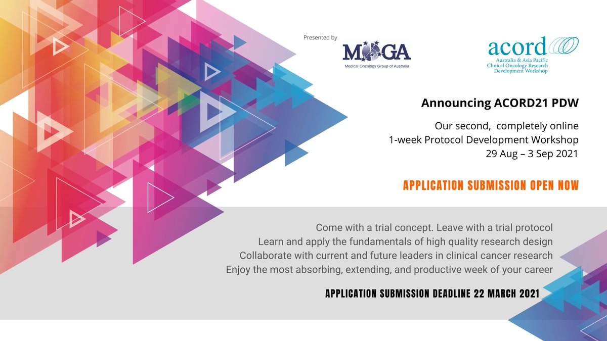 Apply now for #ACORD21PDW: our 2nd, completely online, 1-week Protocol Development Workshop for aspiring, early-career, clinical cancer researchers. 

Applications close 22 March 2021. 

Find out more: moga.org.au/acord-workshop <a href="/ACORDISM/">ACORD Initiative</a>