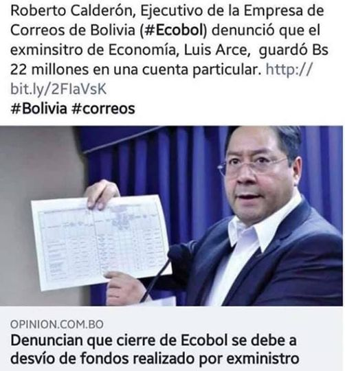 MonicaAparicioA's tweet photo. #Bolivia
Denuncian que cierre de #Ecobol se debe a desvío de fondos realizado por exministro de Economía, Luis Arce, guardó Bs 22 millones en cuenta particular destinada a la restructuración y la implementación de tecnología.
https://t.co/itduZqC7HT https://t.co/ZZeha5KoQ3