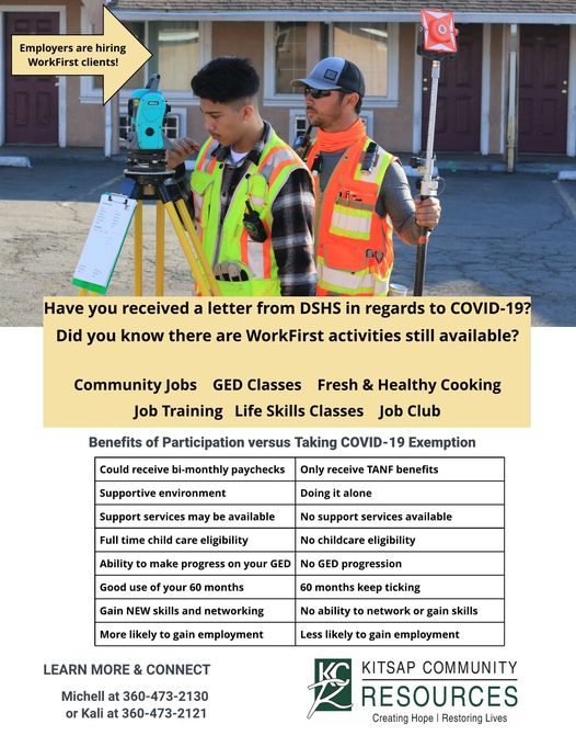 KCR_resources's tweet image. Employers are hiring WorkFirst clients! Check out more today! 
Call or email Michell at 360-473-2130, mgraff@kcr.org; or Kali at 360-473-2121, krenkel@kcr.org.
Community jobs, GED classes, Job Club, job training, &amp;amp; life skills classes. Check it out today! #workfirst #readytowork