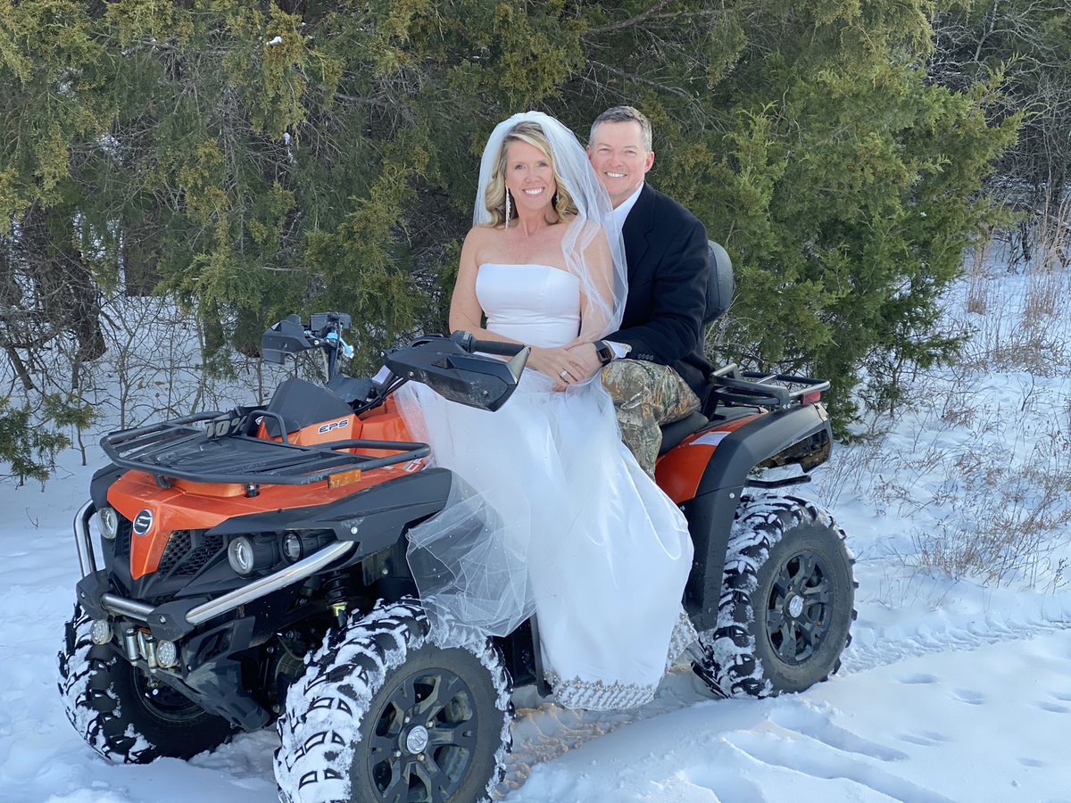 GrapevinePS's tweet photo. “Snowpocalypse 2021 brought the crazy out in us!  I pulled out my old wedding dress from 16+ years ago and thought it would be fun to get some family photos in the snow. The CFMOTO was a big part of our fun that we had this past week” - Lara Wilson 
we love it !! https://t.co/hdb7izpN9g