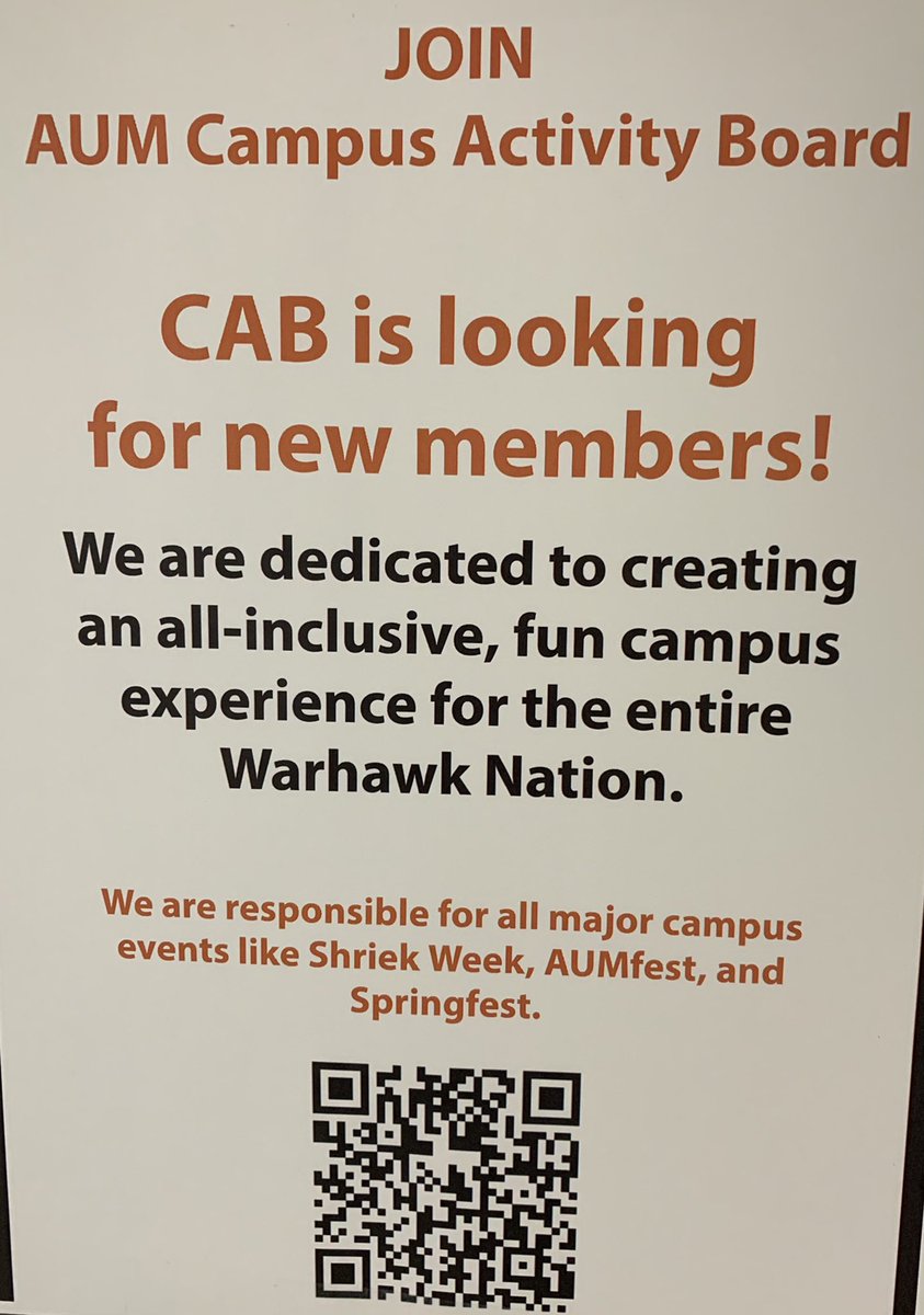 Today is a great day to become a member of The Campus Activities Board at AUM. CAB is currently looking for new members. 🧡🖤If you have any questions regarding general membership DM or email us at cab@aum.edu 🧡🖤