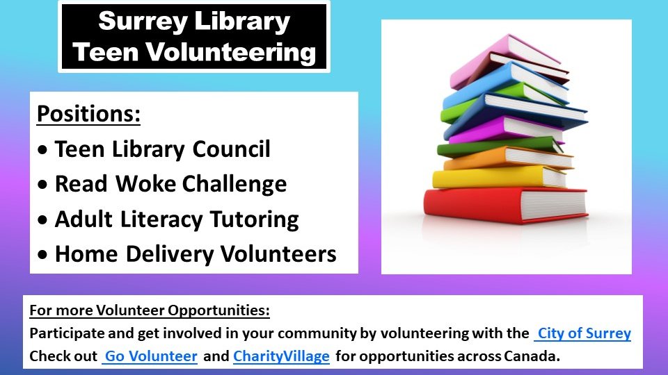 Surrey Library - Teen Volunteering
For more information, see Surrey Libraries
surreylibraries.ca/support-your-l…?
For more Volunteer Opportunities - check out GoVolunteer & CharityVillage
posted by Ms. Steeves / KP Career Centre
#surreylibrary #cityofsurrey #teenvolunteering