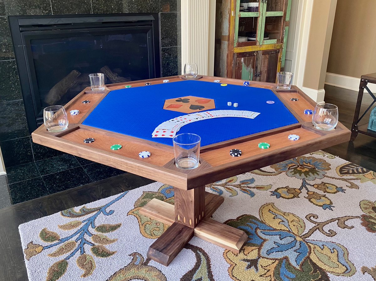 My most complex and challenging project to date. Six person poker table made from Walnut and Brazilian Cherry hardwood. Unique blue felt, 6 cork cup holders and one-of-a-kind resin centerpiece. ♥️♣️♦️♠️ 
If interested contact me for details. Table can be completely customized!