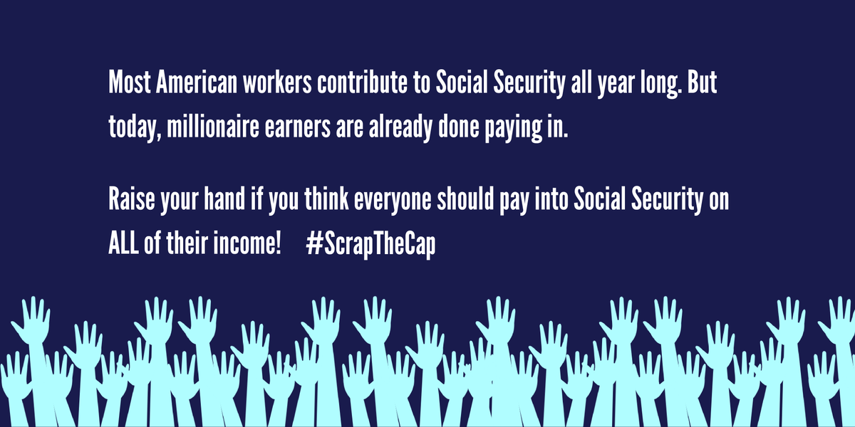 SenSanders's tweet photo. Today is the day millionaires stop paying into Social Security for the year. Meanwhile, working Americans pay into it all year. Enough!

It is time to #ScrapTheCap so the ultra-rich contribute at the same rate as everyone else and we can expand—not cut—Social Security benefits. https://t.co/laf7gELb6E