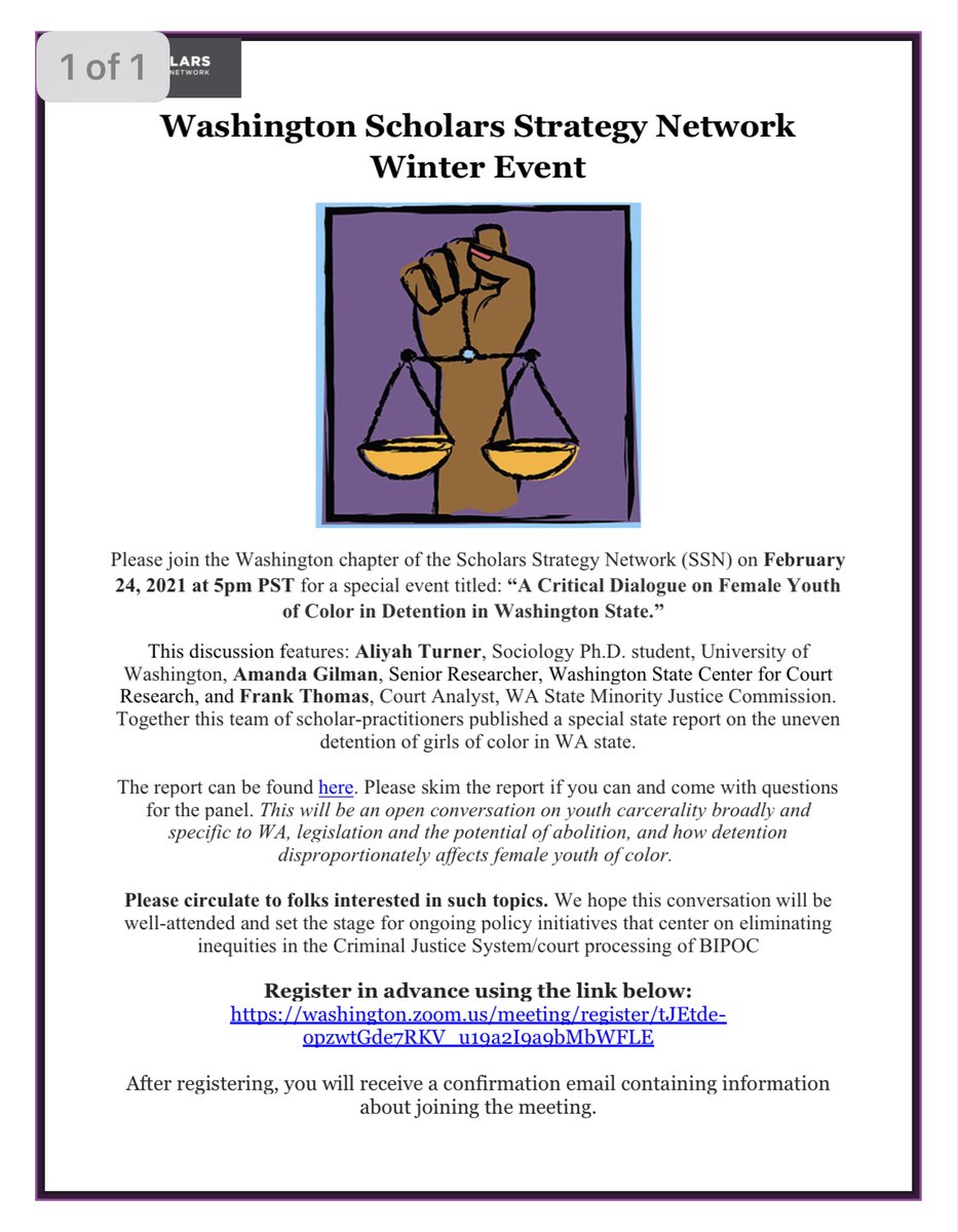 SsnWashington's tweet photo. Another reminder to please support our first event, which focuses on female-youth-of-color detention in WA state ft. @roundthewaysoc and co-authors! Please circulate to your networks and interested parties! This is happening tomorrow, 2/24 at 5PM PT! 

@SSNScholars for more! https://t.co/ziqEanz67E