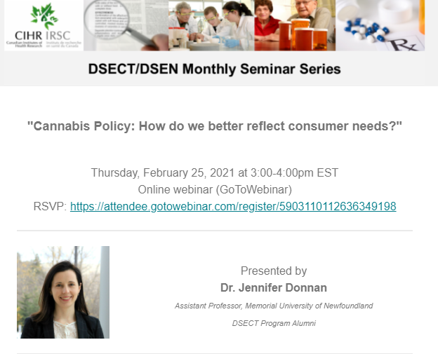 On Feb 25 3pm ET, join DSECT alumni Dr. Jennifer Donnan as she discusses the importance of identifying ways in which cannabis regulations may be better adapted to consumer needs bit.ly/3aKkNDs  #DSENDSECTMonthlySeminarSeries