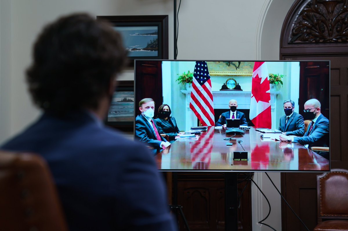 JustinTrudeau's tweet image. Just logged on to meet with @POTUS @JoeBiden. We’re going to focus on strengthening the partnership between our two countries and putting that bond to work to make life better for families, workers, and small business owners on both sides of the border - stay tuned for more.