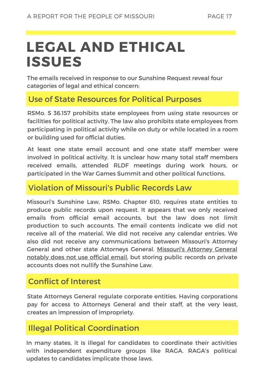 This investigation implicates for categories of legal and ethical concern: 1) Use of state resources for political purposes, which is illegal in many states 2) Potential violation of public records laws 3) Conflict of interest 4) Illegal political coordination10/