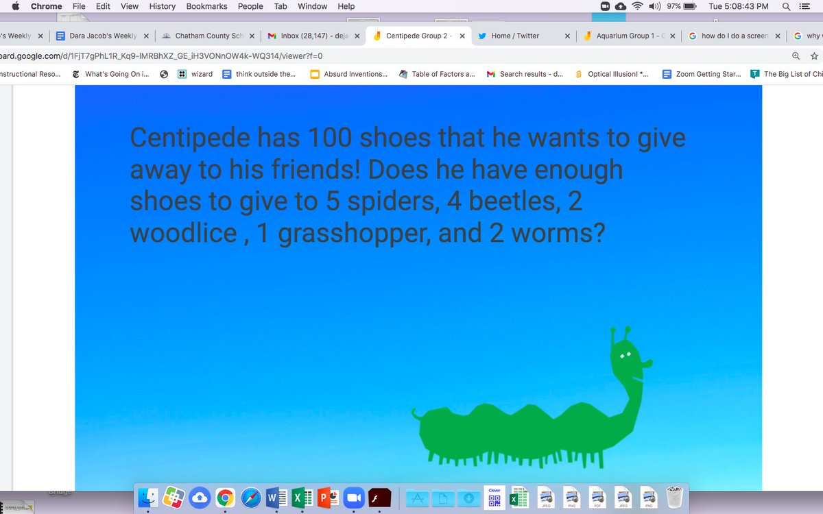 ianutep's tweet image. After reading &quot;Centipede&apos;s 100 Shoes&quot; by Tony Ross, 2nd grade Pandas did a great job of using #jamboard tools to figure out if Centipede has enough shoes to give his friends with fewer legs1 #chathamdigitallearning @PboroElementary