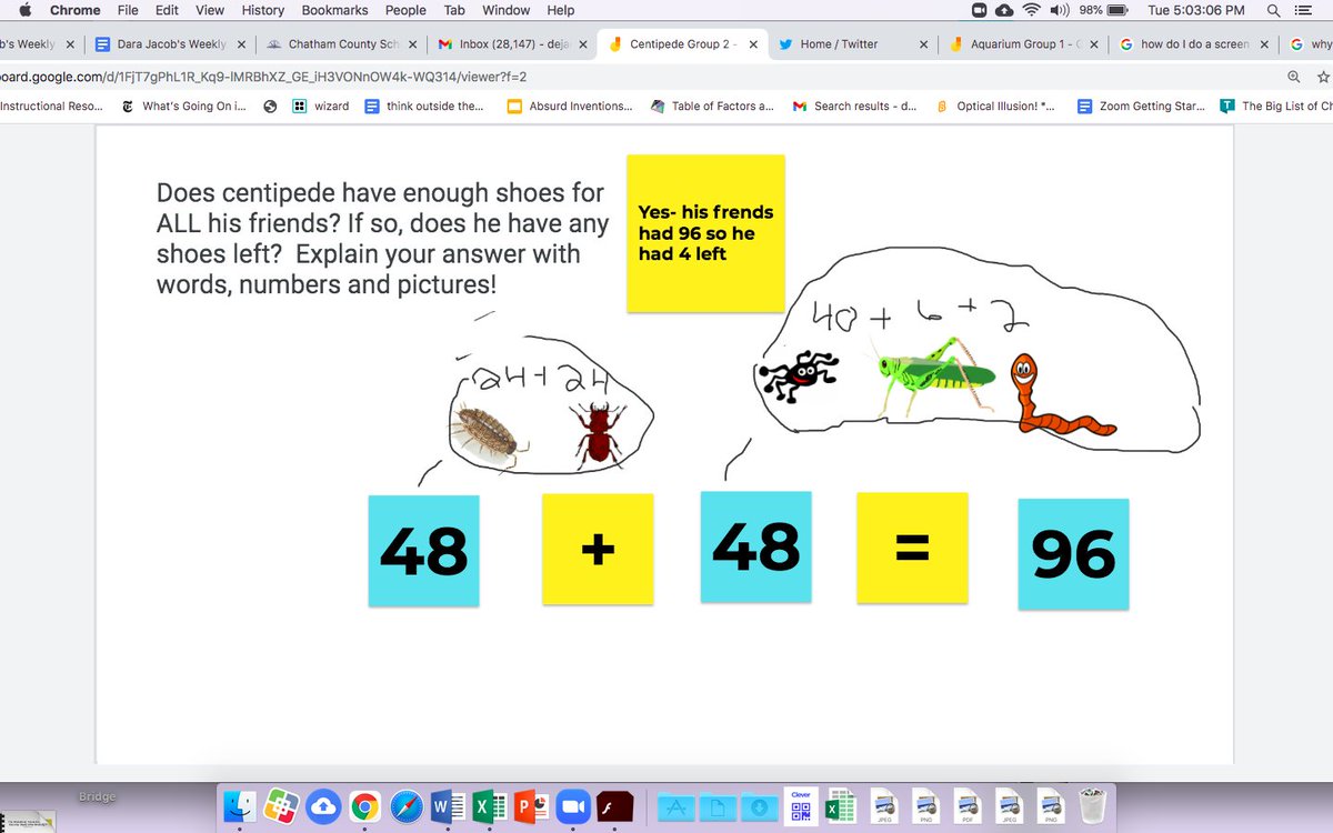 ianutep's tweet image. After reading &quot;Centipede&apos;s 100 Shoes&quot; by Tony Ross, 2nd grade Pandas did a great job of using #jamboard tools to figure out if Centipede has enough shoes to give his friends with fewer legs1 #chathamdigitallearning @PboroElementary