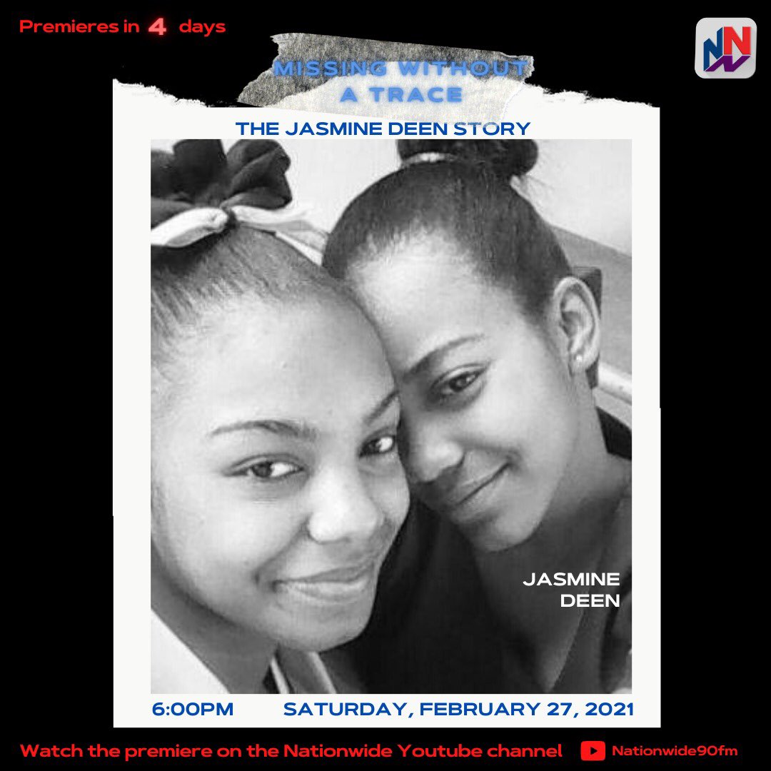 NationwideRadio's tweet photo. #WhereIsJasmineDeen?
In four days, NNN will premiere our documentary, Missing Without a Trace: The Jasmine Deen Story at 6PM on our YouTubeChannel - Nationwide90FM.
#NNNYoutube #NNNDocumentary #NNNExclusive https://t.co/p6C0Sl1pF6