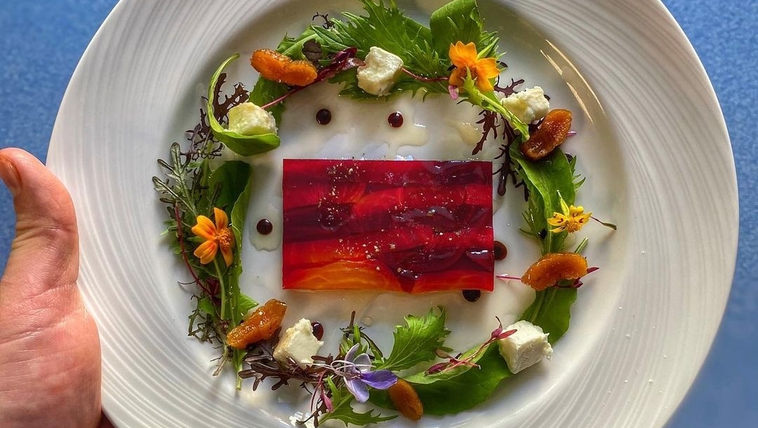 Check out this exquisite dish from chef @RichRosendale. It features pressed beets, five spiced apricot, goat cheese, local flowers, lettuce and citrus. ⁠#spring #platingdesign #yum #atlanta #atl #downtownatlanta #atldtn #atlantaeats #atleats #atlfoodie