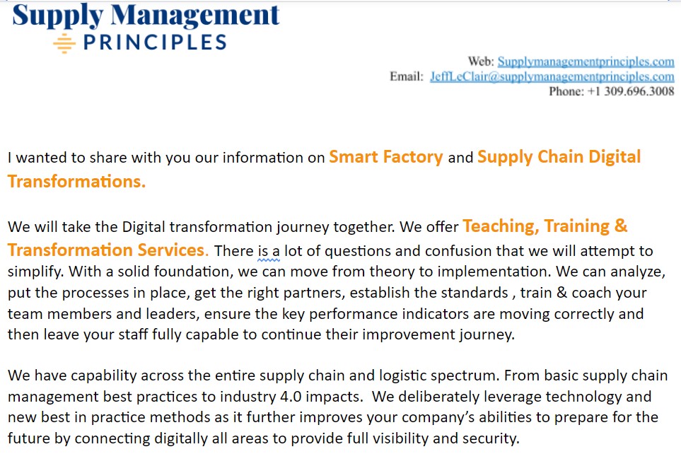 Join our webinar tomorrow at lunch to share with you our information to help you on Smart Factory and Supply Chain Digital Transformations.

Please contact me for your personal invite.