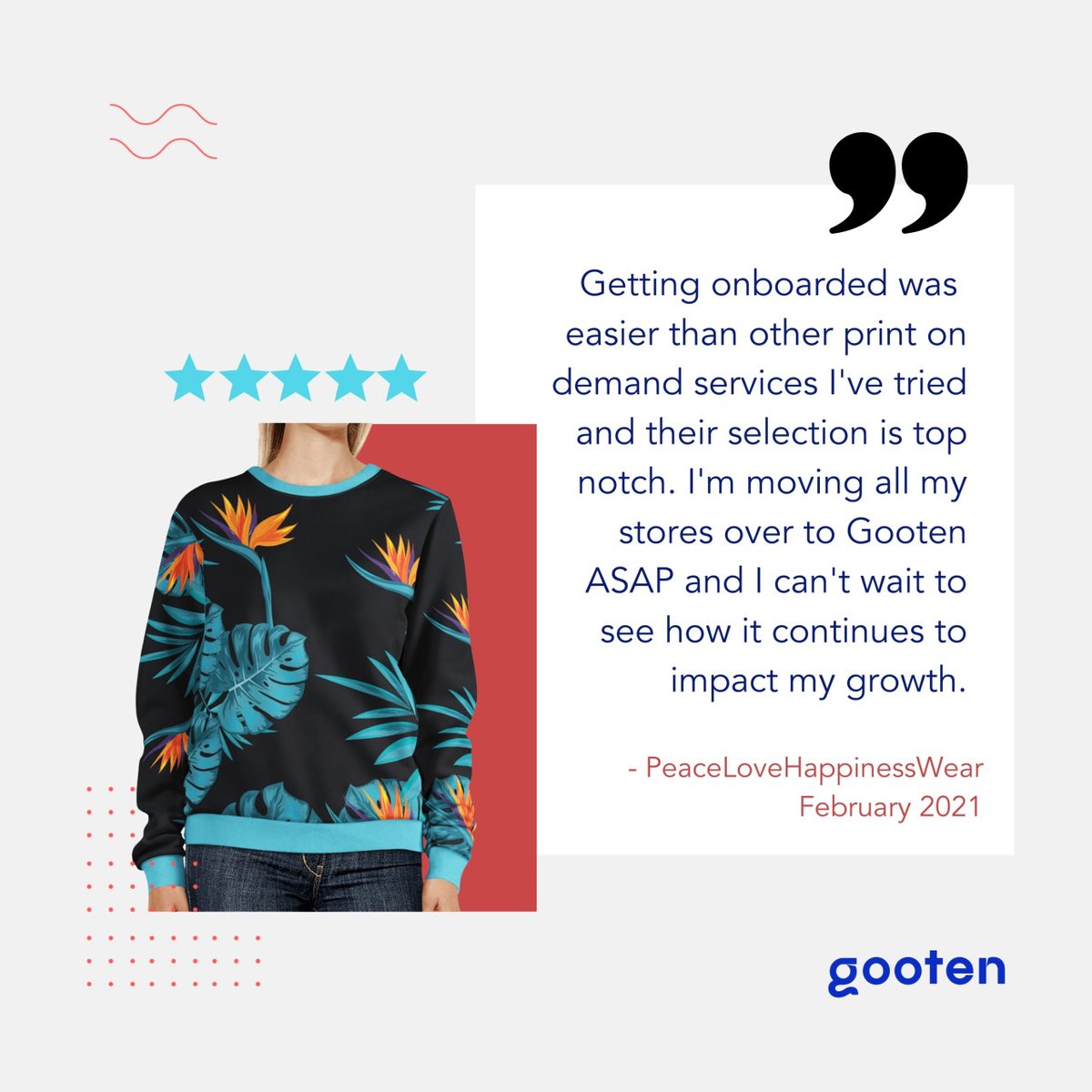 gooten's tweet photo. What better way to help our partners then give them the right tools that help them grow and scale. These kind of testimonials power us to keep updating and upgrading. Get started with us https://t.co/UGvif01dSs

#ScaleWithGooten #Reviews #growth #PoD #PrintonDemand https://t.co/kfvMc964Rn
