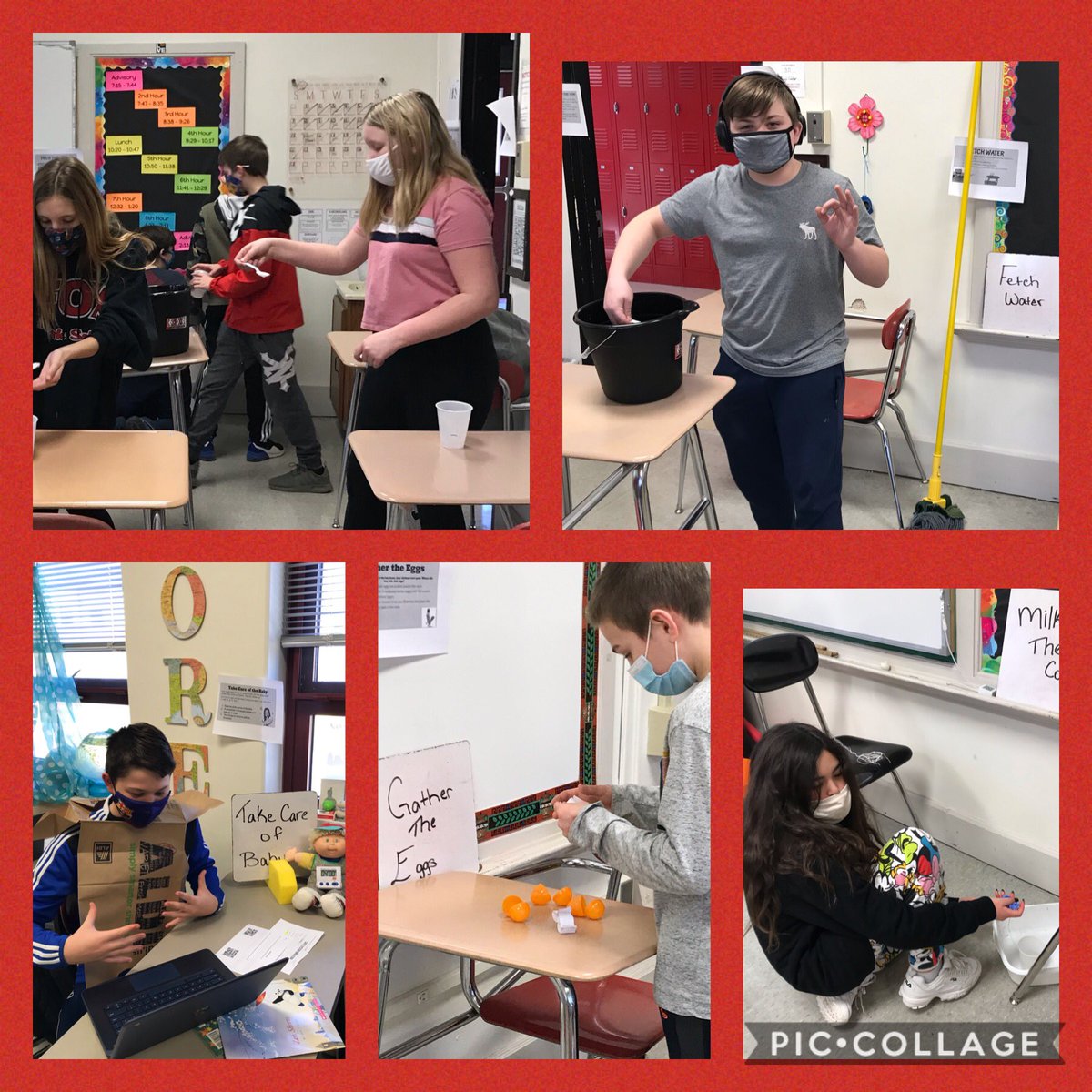 Learning the hard work of different ancient societies. Making clothes, milking cows, finding water,and much more. Simulation days are the best days! ❤️ #makinghistoryfun    <a href="/FoxMiddleSchool/">Fox Middle School</a>