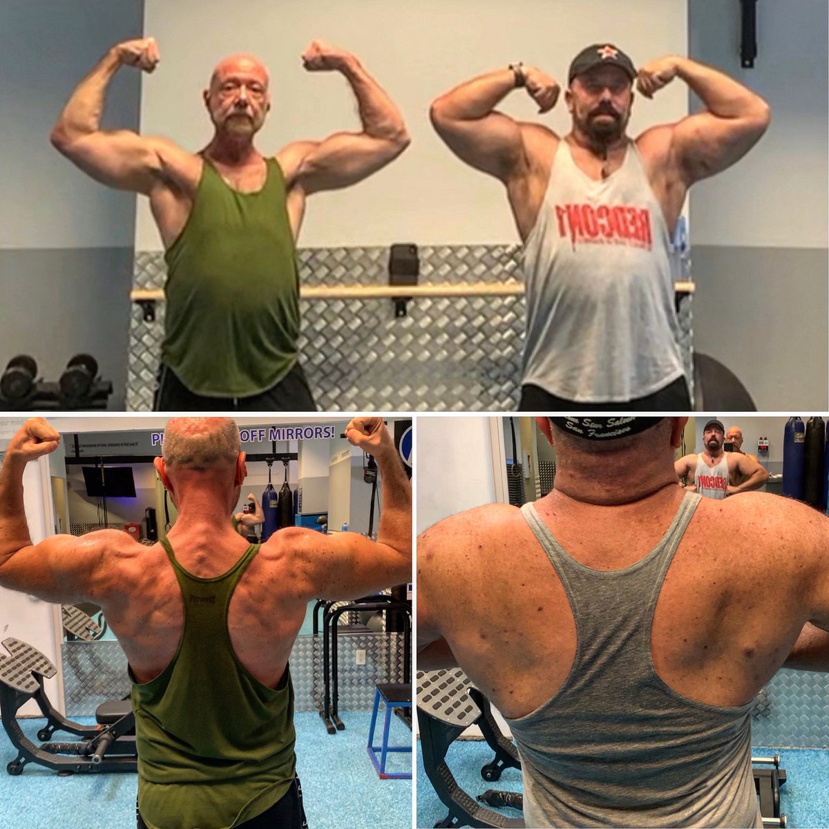 HugeMuscleGeek's tweet photo. A quick #peakcheck with Big Daddy @thickrickwolf after back day. He’s looking better than ever! Thanks for hanging out with me this weekend. #powerlifterscantpose https://t.co/5tnIub5WhI