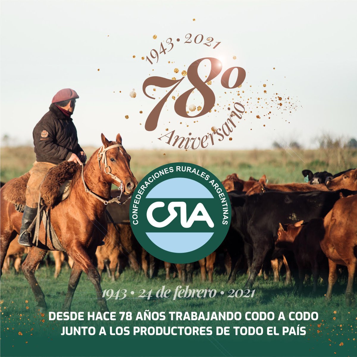 Hoy es un día muy especial para la familia confederada. 

Cumplimos un nuevo aniversario siempre con los mismos valores y defendiendo a los productores. 

Desde hace 78 años trabajando codo a codo junto a los productores de todo el país.

#SomosCRA

#CRA78Aniversario