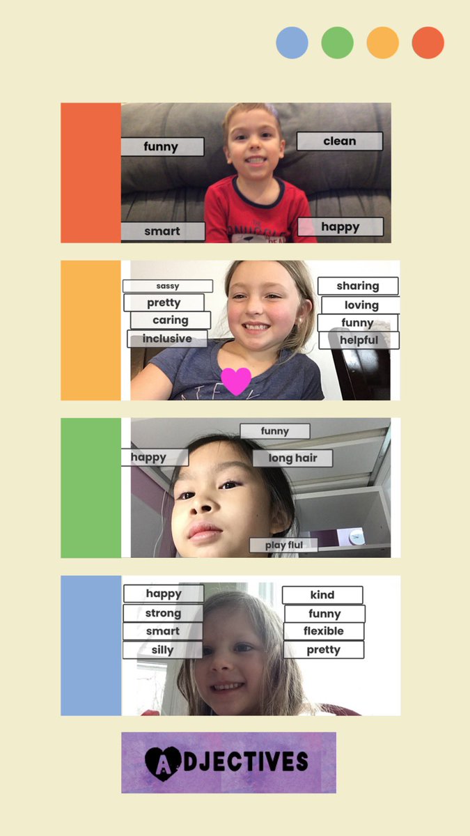McCannsMonarchs's tweet photo. The Monarchs have been learning about adjectives. During our virtual learning we took selfies and wrote adjectives about ourselves. 📸 #oesrams #StrongerTogether https://t.co/B0roy4i5xb