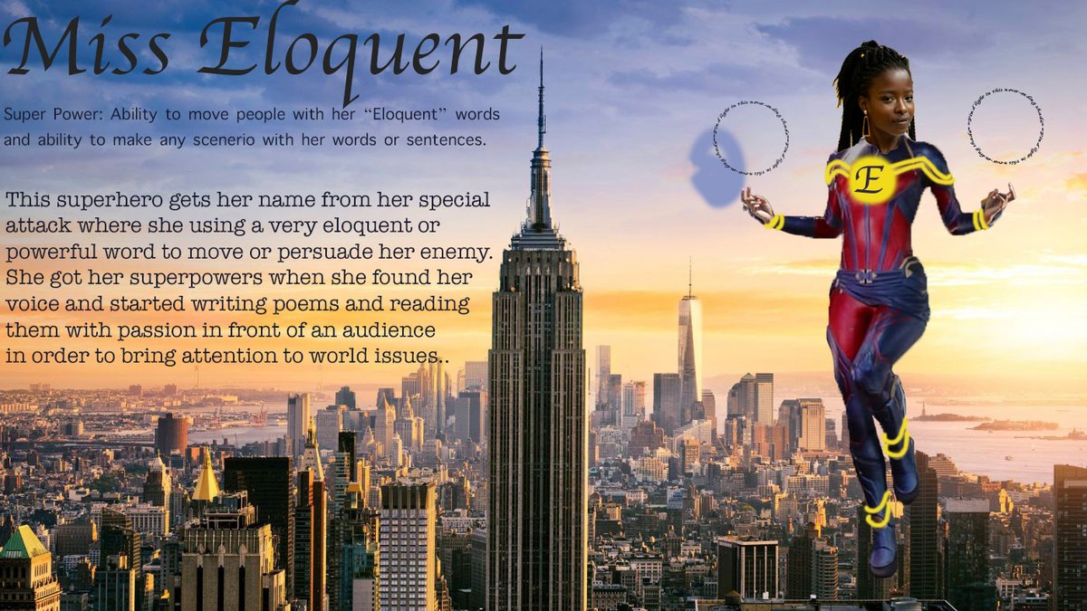 MayaMar_NTHC2's tweet photo. Celebrating black history month by turning my role model, @TheAmandaGorman, an amazing writer and poet, into a superhero! Superhero name: Miss Eloquent 😎 #BlackHistoryMonth2021 @Bence_EDU @DigitalZruiz #NTHCVoice #NoCryingInPBL @NewTechCoppell https://t.co/FReO1cYYbn