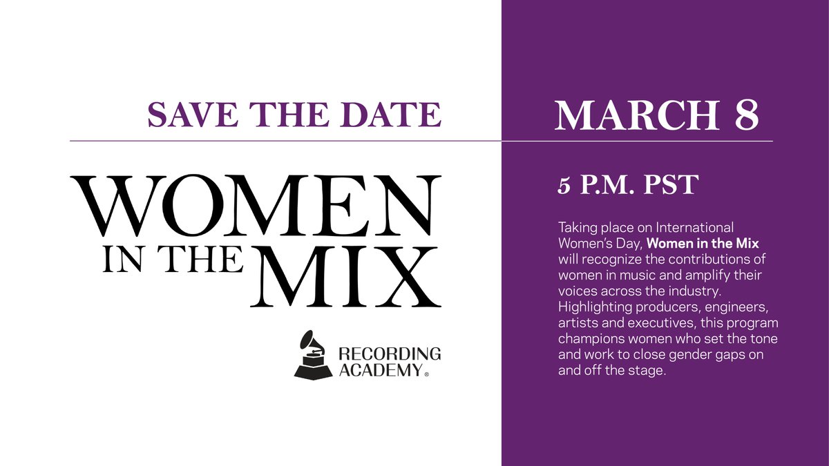 RecordingAcad's tweet image. ✨ We're kicking off #GRAMMYs Week on #InternationalWomensDay with #WomenInTheMix!

🌎 This virtual celebration will recognize the contributions of women in music. 

📲 Watch the conversation unfold on GRAMMY.com starting at 5 p.m. PST: grm.my/2NqHNyA